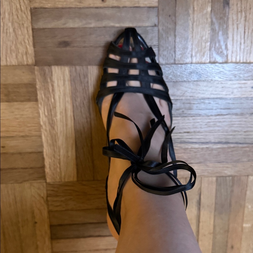 Yves Saint Laurent Black Satin Lace-Up Cage Heels - Picture 7 of 10